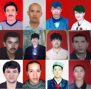Photos of some of the missing Uyghurs. 1st row, left to right: Abdurehim Sidiq, Amantay Jumetay, Eysajan Memet, Nabi Eli. 2nd row, left to right: Abahun Sopur, Tursunjan Tohti, Zakir Memet, Muhter Mehet. 3rd row, left to right: Alim Abdurehim, Alim Helaji, Memetabla Abdurehim, Yusup Turghun.