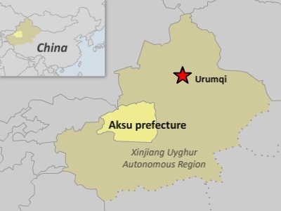 A map of Xinjiang showing the location of Aksu prefecture. 