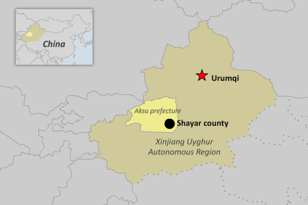 The map shows Shayar county in Aksu prefecture.