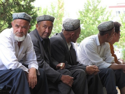Uighur men near the Id Kah Mosque in Kashgar